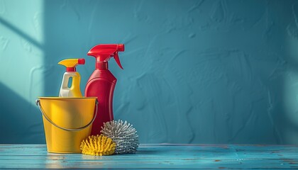 Poster - Bucket with cleaning products on the table 