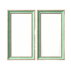 Two empty, vertical, mint green picture frames with a natural wood trim, ready for your photos.