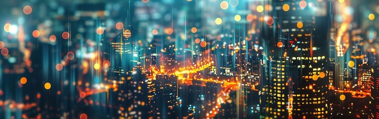 Wall Mural - A nighttime view of a city with blurred lights and digital elements, creating a sense of movement and energy. The cityscape is illuminated with a warm glow, and the digital elements add a futuristic t