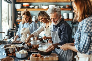 Wall Mural - Middle-Aged Friends Enjoying a Cooking Class on Homemade Ice Cream Preparation - Great for Culinary Learning Events