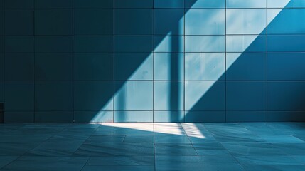 Poster - A shaft of sunlight illuminates a tiled wall and floor in a blue hue, casting distinct stripes of light across the surface. The tiles are evenly spaced and the light makes the shadows appear more prom