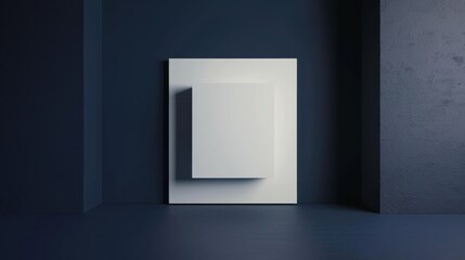 Poster - A white square frame sits on a blue wall in an empty room. The frame is made of two square pieces, one slightly larger than the other. The inner square is recessed, creating a shadow around its edges.