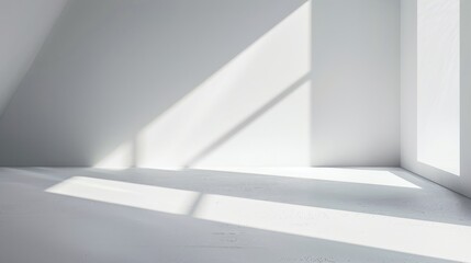 Poster - Sunlight streams through a window in a white room, casting long shadows across the floor. The walls and floor are all white, creating a clean and minimalist aesthetic. The light from the window create