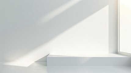 Poster - A white platform sits in the corner of a white room, bathed in light streaming from a window on the right side of the frame.