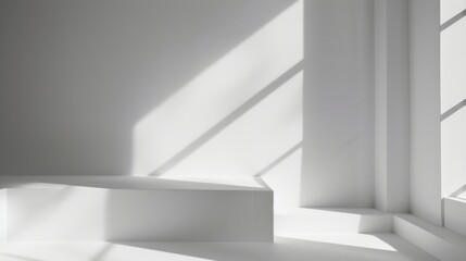 Poster - A white room with a large window casting sunlight through the room. The sunlight creates long shadows on the white walls and platform.