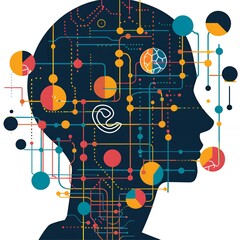 Wall Mural - Abstract illustration of a head with connected lines and circles, representing data flow and connections.