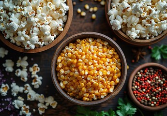 A bowl of corn is next to a bowl of popcorn