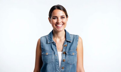 Wall Mural - Portrait of a beautiful young woman smiling at the camera on white background