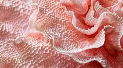 A close-up view of a pink and white coral structure with a honeycomb pattern. The coral has a delicate, intricate texture with a slight sheen, and the folds create interesting shadows and highlights.