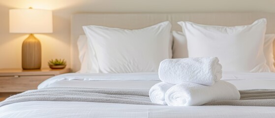  A bed with a white comforter and two folded white towels, plus two lamps on each side