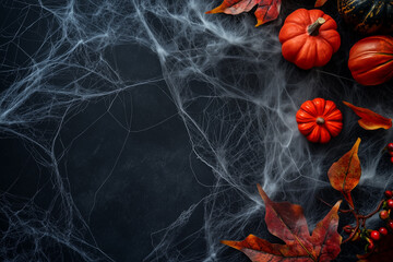 Canvas Print - Happy Halloween flat lay mockup with autumn leaves, pumpkins and spider web on black background. Autumn holiday concept composition. Top view with copy space