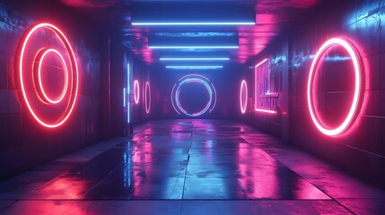 Canvas Print - Neon Lights in a Dark Corridor.