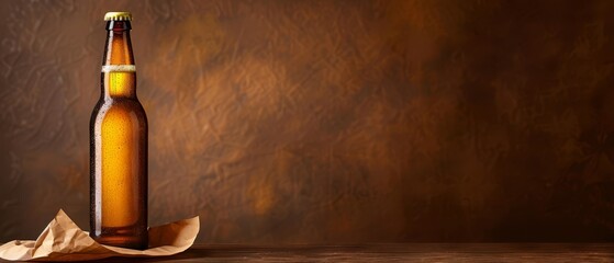 Wall Mural -  A bottle of beer sits atop a table, nearby rests a piece of paper on a wooden surface