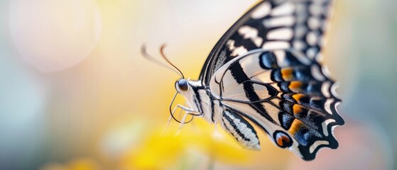  A tight shot of a black-and-white butterfly atop a sunny yellow bloom amidst softly blurred yellow blossoms