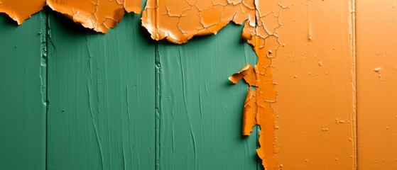 Sticker -  A green and orange wall with peeling paint on its sides