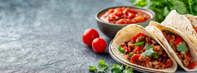  A couple of tacos on a plate, accompanied by a bowl of salsa and lettuce