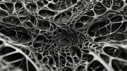 Abstract lines forming a web pattern in black and white, intricate and detailed.