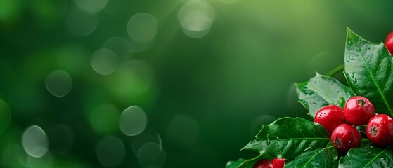 Wall Mural -  A holly branch with red berries and green leaves against a green backdrop of softly blurred background