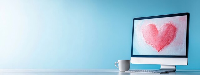  A computer screen displays a heart drawing, adjacent to a cup of coffee on a table before a blue wall