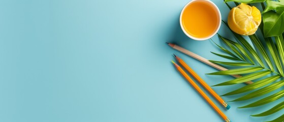 Wall Mural -  A cup of orange juice, two pencils, and a palm leaf on a light blue background