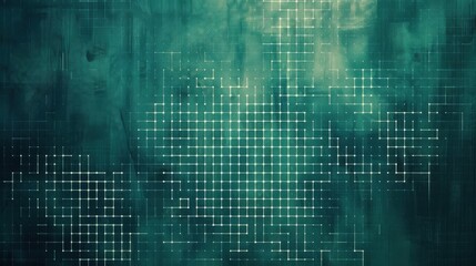 Fototapete - A digital abstract pattern of a white grid with white dots on a dark teal green background.