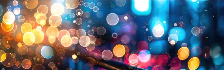 Leinwandbilder - A close-up shot of colorful out-of-focus lights in a city at night, creating an abstract background with round bokeh shapes in various colors, including yellow, orange, red, blue, and purple. The ligh