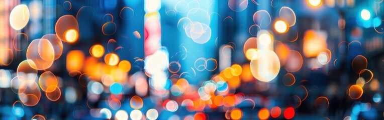 Leinwandbilder - A blurred view of city lights at night creates a colorful abstract background of glowing orbs in shades of blue, orange, and yellow.