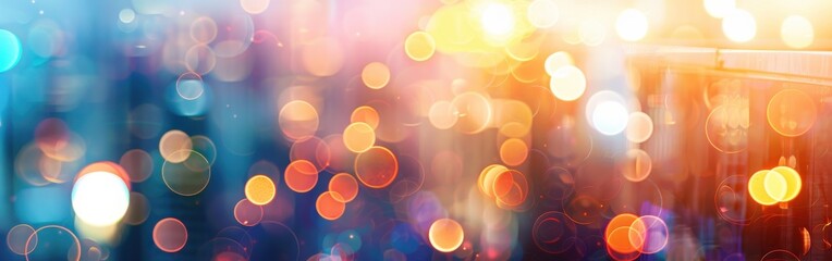 Leinwandbilder - A blurred background image of city lights at night, creating an abstract pattern of glowing circles in shades of blue, yellow, red, and orange.