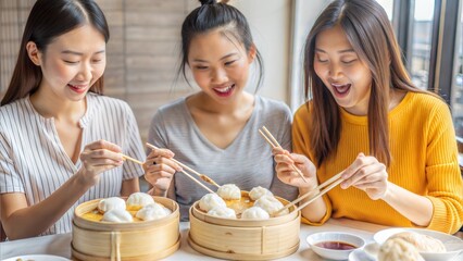 Wall Mural - group of asian woman tourist eating chinese food