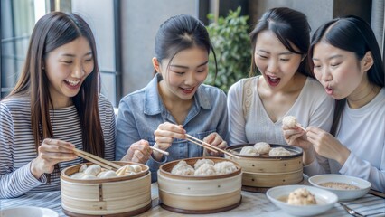 Wall Mural - group of asian woman tourist eating chinese food