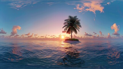 Wall Mural - A single palm tree stands on a small island in the middle of a vast ocean, with the sun setting in the distance and clouds reflected in the water.