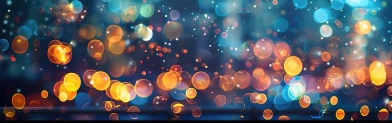 Leinwandbilder - A background image with blurry, out-of-focus lights in various shades of blue, yellow, and orange. The lights create an abstract, artistic effect. The background is a dark, slightly textured blue.