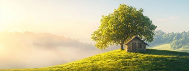 Wall Mural -  A quaint house on a grass-covered hill Tree in foreground, foggy sky in background