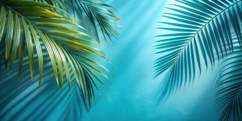 Blurred shadow of palm leaves on blue wall, abstract summer background, palm leaves, shadow, blurred, blue wall