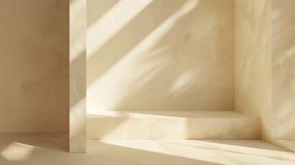 Poster - Sunlight streams through a window, casting shadows on a white platform in a minimalist room. The platform is positioned in a corner, and the walls are painted in a soft, off-white color.