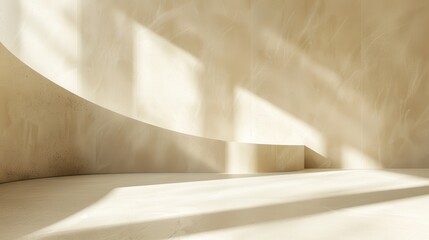 Poster - A simple white platform sits in a minimalist studio space, bathed in natural sunlight that casts shadows across the floor and walls. The platform creates a clean and inviting focal point for showcasin