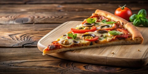 Wall Mural - Pizza with a missing slice on wooden board showcasing toppings and crust, pizza, missing slice, wooden board, toppings, crust