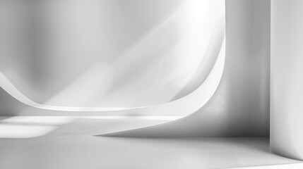 Leinwandbilder - A minimalist interior design featuring a white wall with curved lines and a single beam of sunlight illuminating the scene. The design creates a sense of depth and dimension, highlighting the interpla