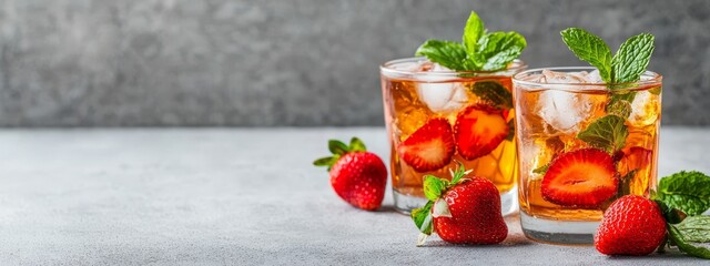 Sticker -  Two glasses of iced tea, garnished with strawberries and mint, rest on a gray table against a backdrop of a gray wall