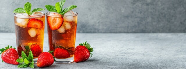 Sticker -  Two glasses of iced tea, garnished with strawberries and mint, sit on a light gray surface against a gray wall backdrop