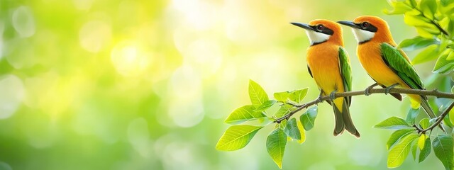 two birds atop a leafy tree branch against a backdrop of green and yellow