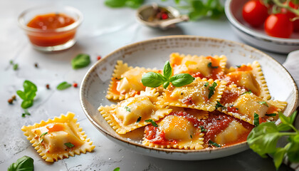 ravioli meat tomato sauce fresh cooking meal food snack on the table copy space food background rustic top view