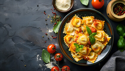 Poster - ravioli meat tomato sauce fresh cooking meal food snack on the table copy space food background rustic top view