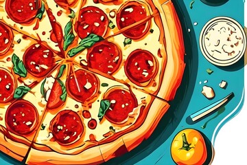 pizza and ingredients on blue background