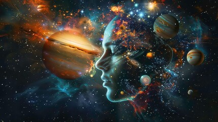 Wall Mural - a cosmic swirl of planets, stars, and a human face, suggestive of the vastness and mystery of the un