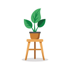 Indoor plant in a pot on a wooden stool flat vector illustration on white background.