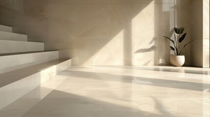 Aufkleber - Sunlight streams through a large window, illuminating a set of white steps in a modern, minimalist interior. The light creates soft shadows on the sleek white tiles, highlighting their clean lines and