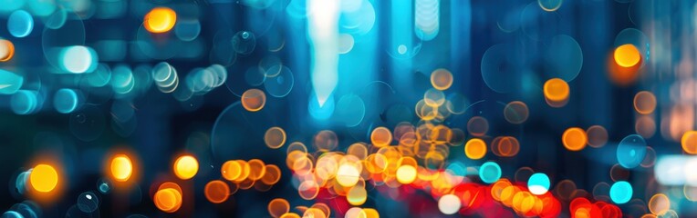 Leinwandbilder - A photograph of city lights at night, captured in a blurry bokeh effect. The image features warm orange and yellow lights against a cool blue backdrop. The lights are out of focus, creating a dreamy a