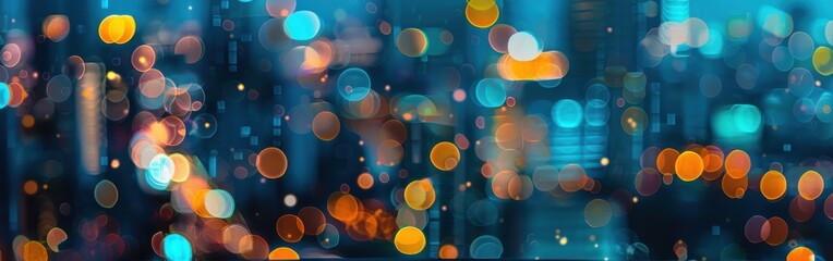 Leinwandbilder - A photograph of a city at night with a bokeh effect. The lights of the city are blurred, creating a sense of movement and energy. The colors are predominantly blue and orange, with hints of yellow and