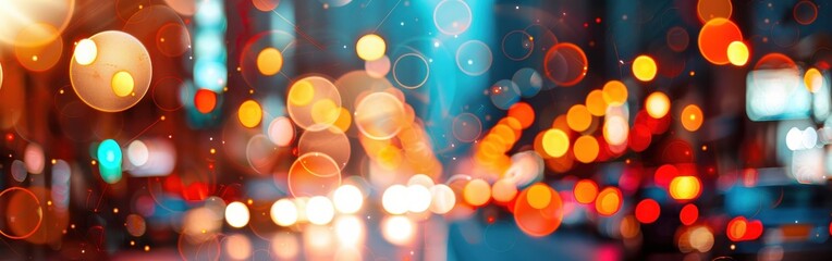 Leinwandbilder - A close-up, blurred image of colorful city lights at night, creating a bokeh effect. The vibrant colors and out-of-focus circles give a sense of movement and energy, reflecting the bustling activity o